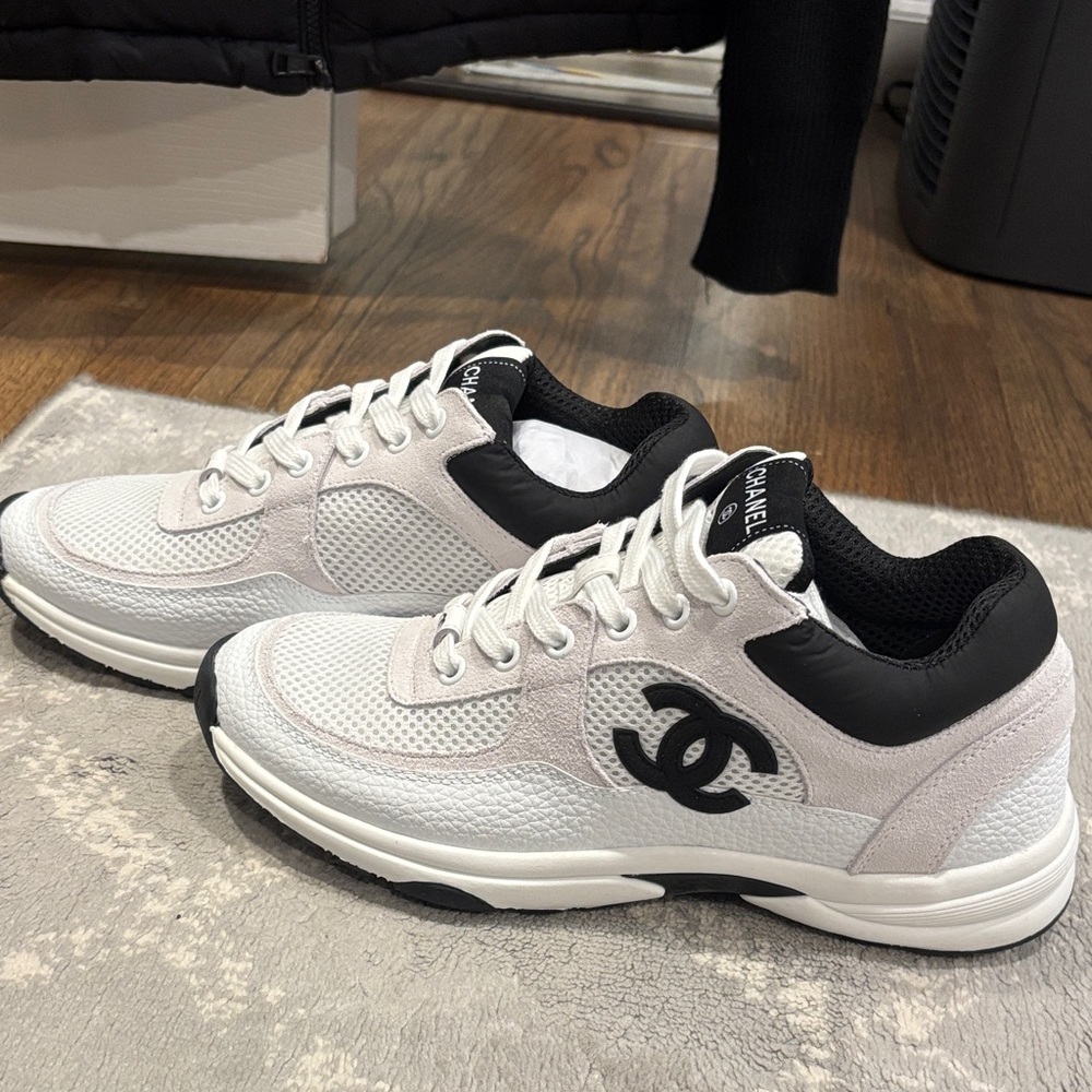 Chanel Men’s White and Black CC Logo Sneakers